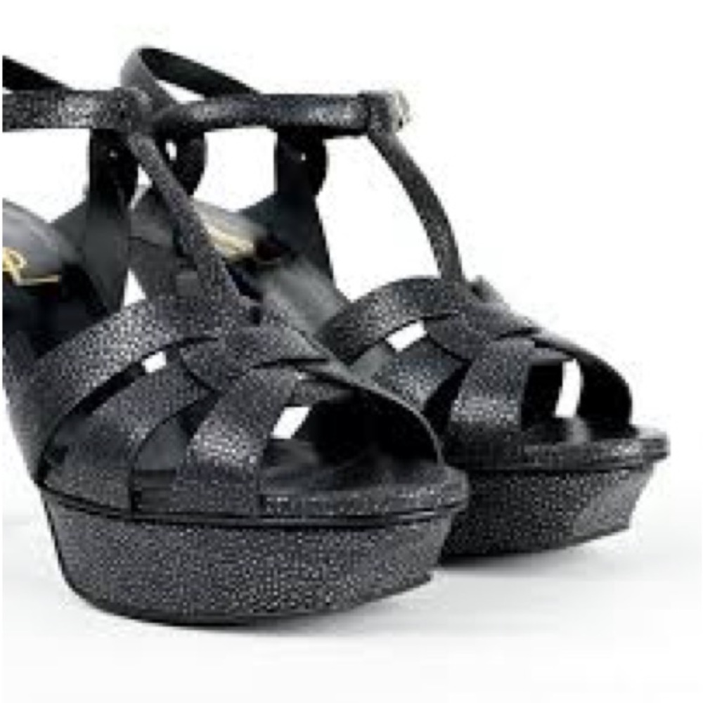 YSL Saint Laurent Tribute Black Grained Leather Platform High Heel Sandals - Picture 2 of 10